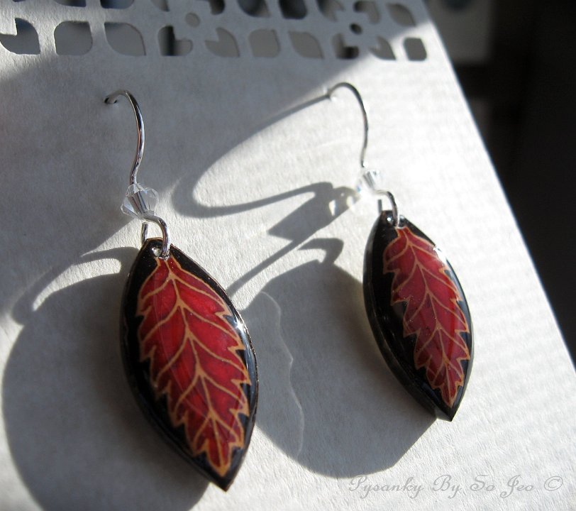 Little Red & Black Leaf Earrings Pysanky By So Jeo